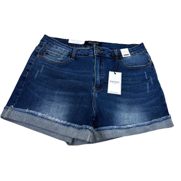 Judy Blue Sz 31 (Actual 32x2.5) Calm Cuffed Denim Shorts Indigo Blue High NWT - Picture 1 of 8